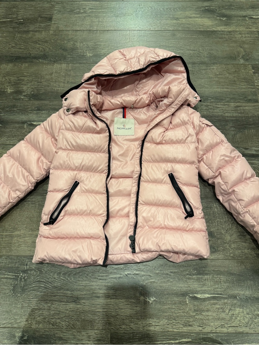 Moncler Kids Pale Pink Quilted Hooded Puffer with Black Trim